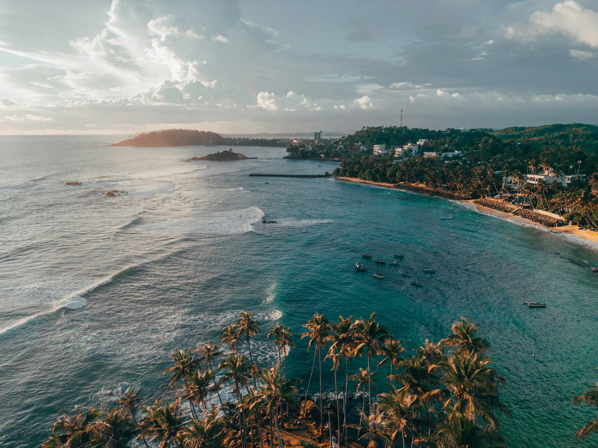 Aerial view of Sri Lanka's southern coastline at sunset